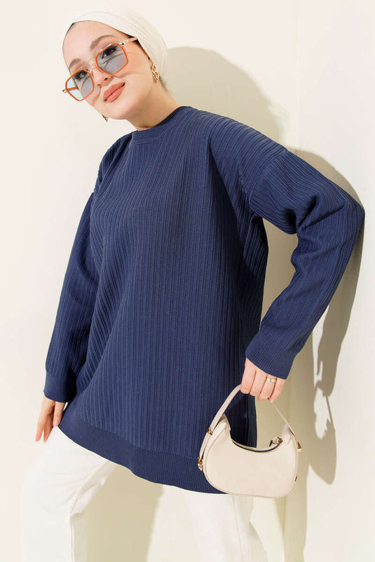 Geniş Ribanalı Triko Tunik İndigo