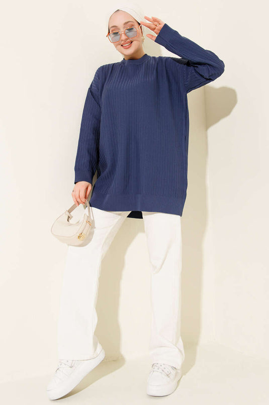 Tunica a maglia con ampie coste indaco