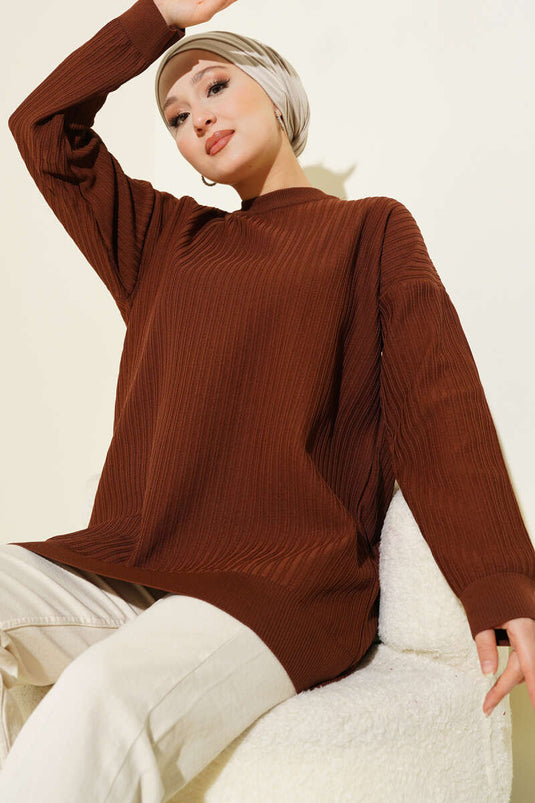 Wide Ribbed Knit Tunic Brown