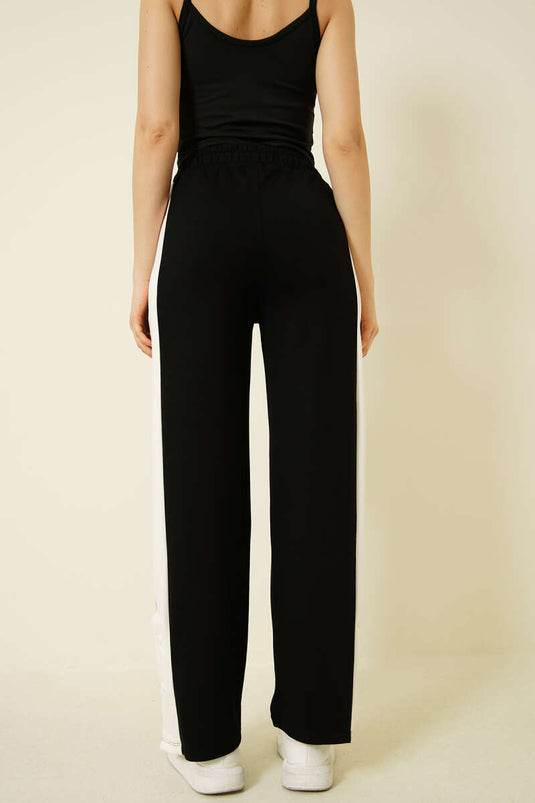 Geniş Şeritli Çıtçıtlı Loyşa Pantolon Siyah