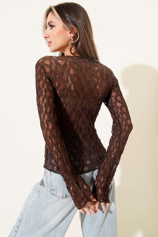 Blouse à large col en dentelle marron