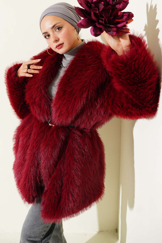 Wide-Collar Fur Coat, Burgundy
