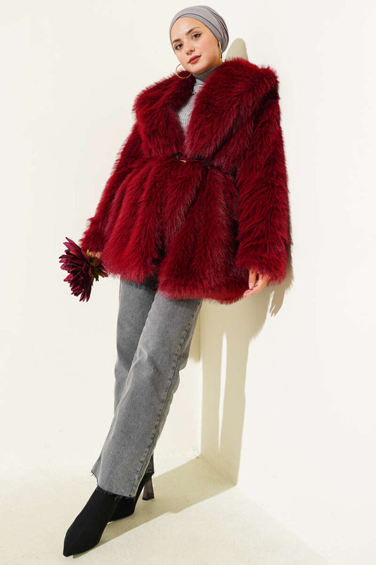 Wide-Collar Fur Coat, Burgundy