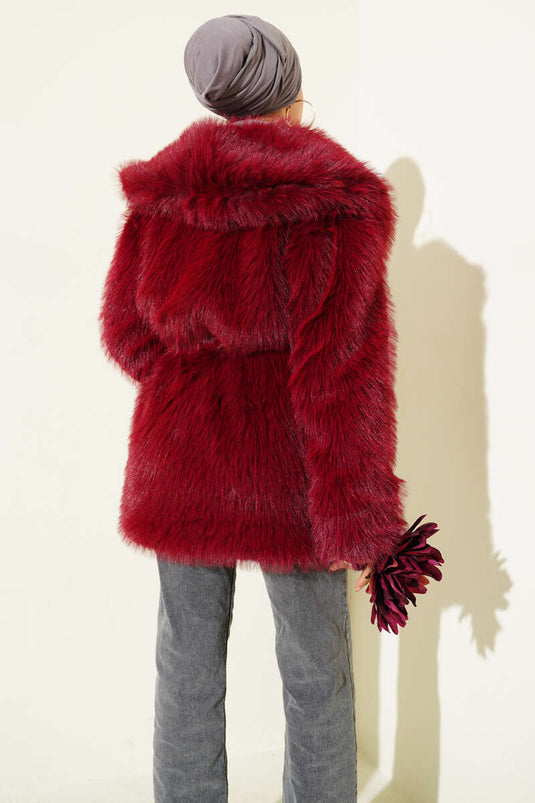 Wide-Collar Fur Coat, Burgundy