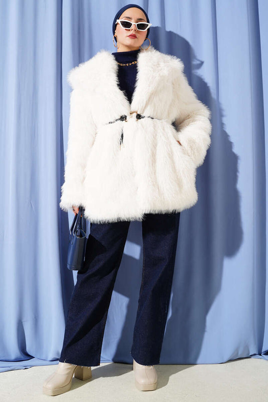 Wide Collar Fur Coat, Ecru