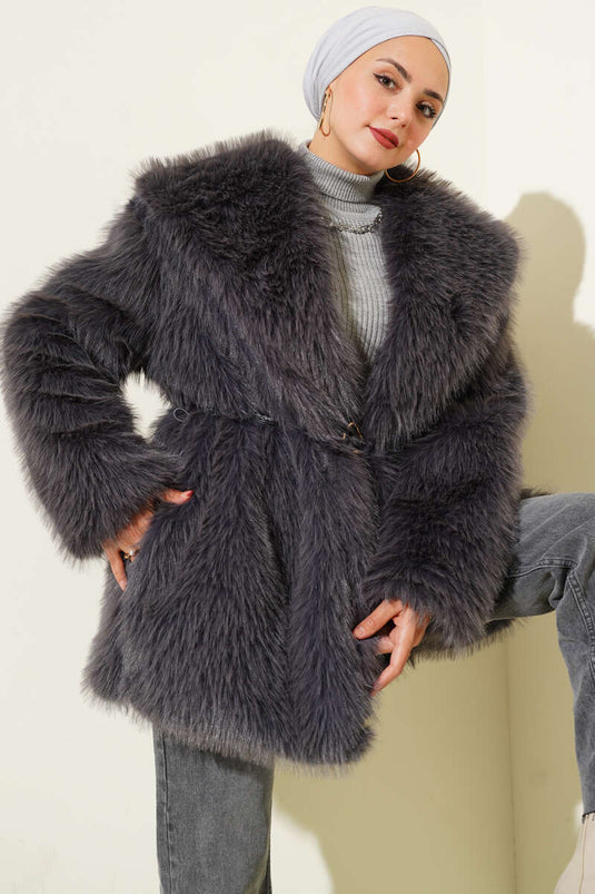 Wide Collar Fur Coat, Smoke Grey