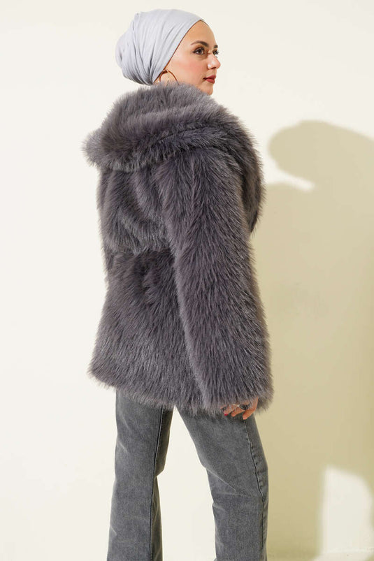Wide Collar Fur Coat, Smoke Grey