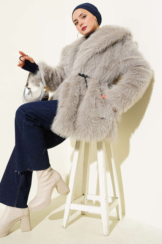 Wide Collar Fur Coat Grey