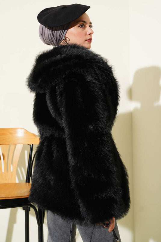 Wide Collar Fur Coat Black