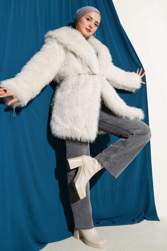 Wide Collar Fur Coat Stone