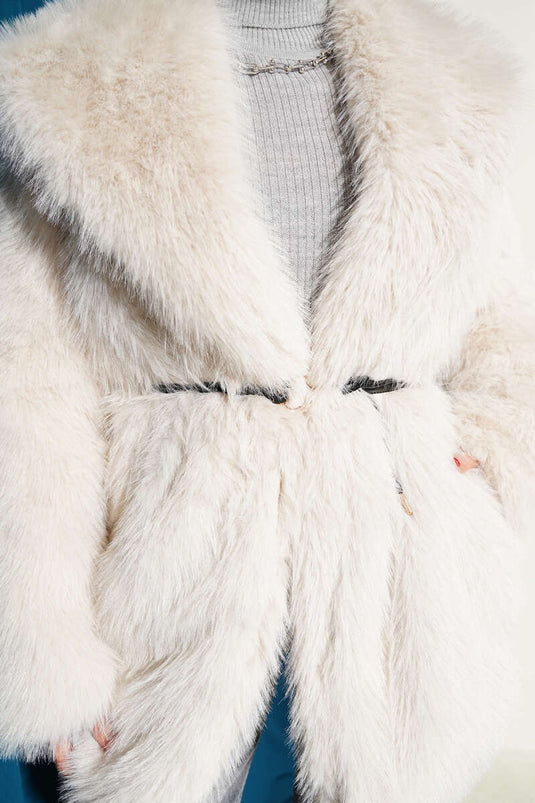 Wide Collar Fur Coat Stone