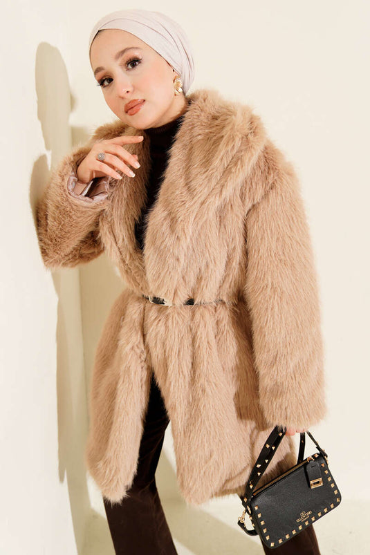 Wide Collar Furry Long Coat Camel