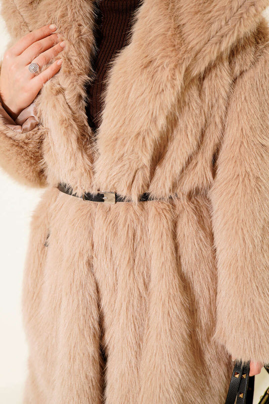 Wide Collar Furry Long Coat Camel