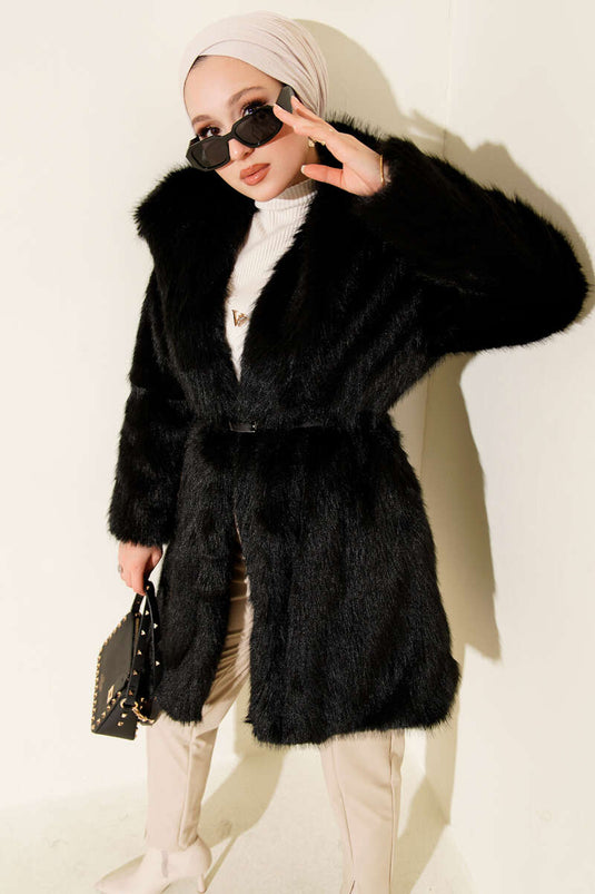 Wide Collar Furry Long Coat Black