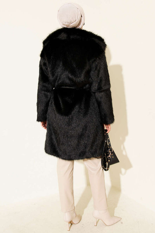 Wide Collar Furry Long Coat Black