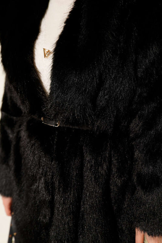 Wide Collar Furry Long Coat Black