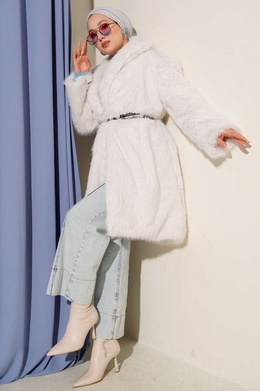 Wide Collar Furry Long Coat Stone