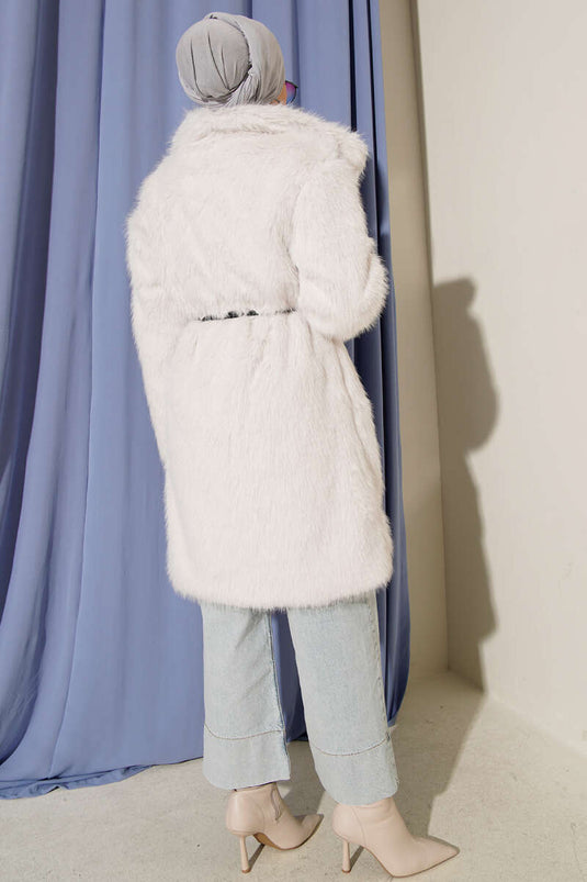 Wide Collar Furry Long Coat Stone