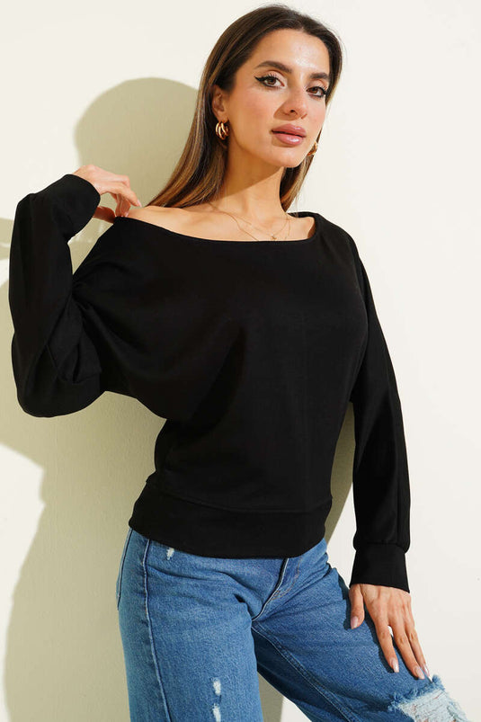 Blouse à large col en tissu Loyşa noir