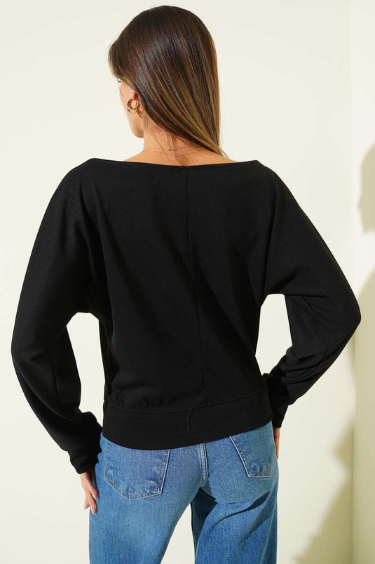 Blouse à large col en tissu Loyşa noir