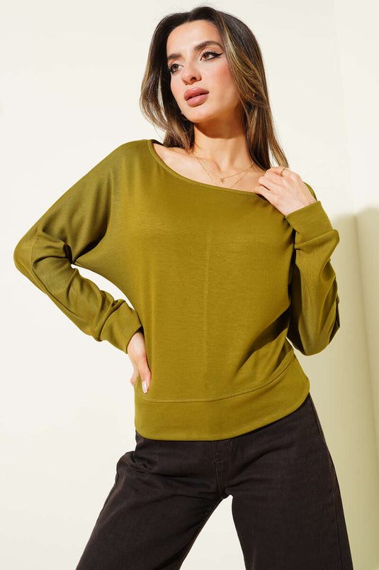 Geniş Yaka Loyşa Bluz Yağ Yeşili