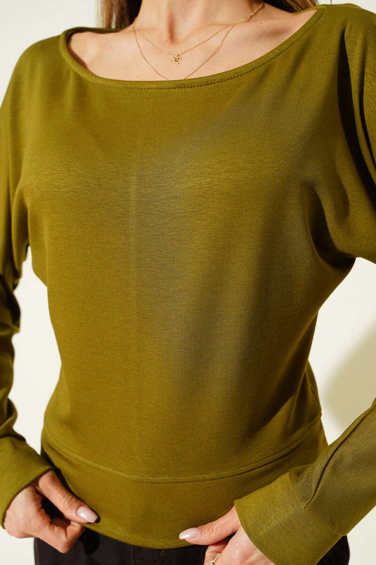 Geniş Yaka Loyşa Bluz Yağ Yeşili