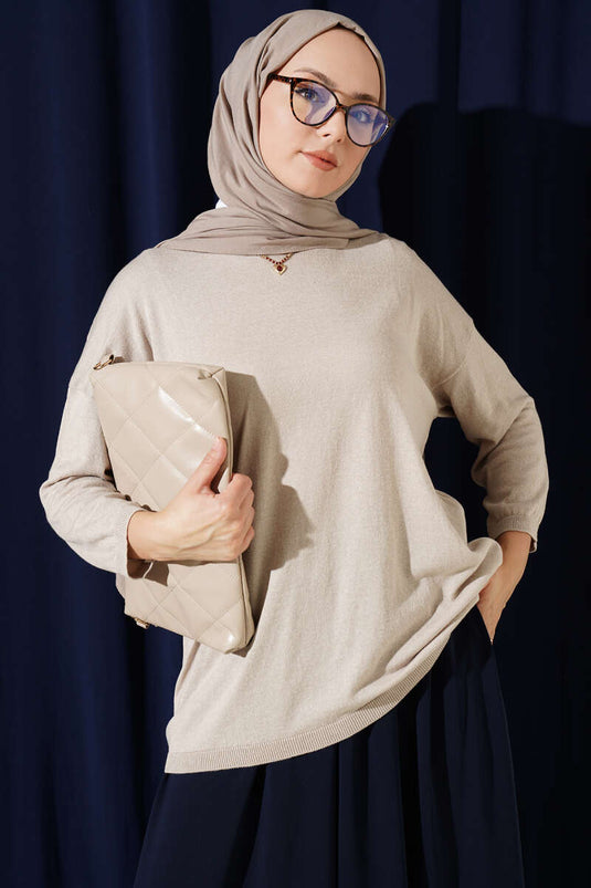 Túnica De Punto Beige Con Cuello Amplio