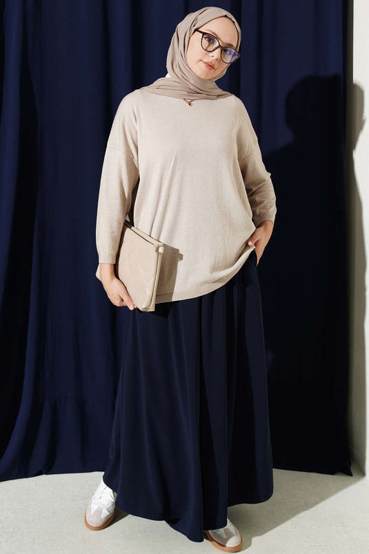 Túnica De Punto Beige Con Cuello Amplio