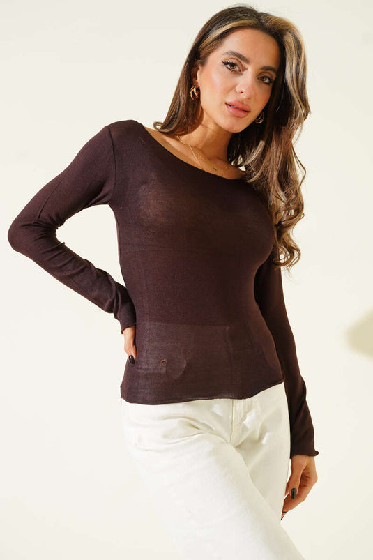 Wide Collar Long Sleeve Bodysuit Brown