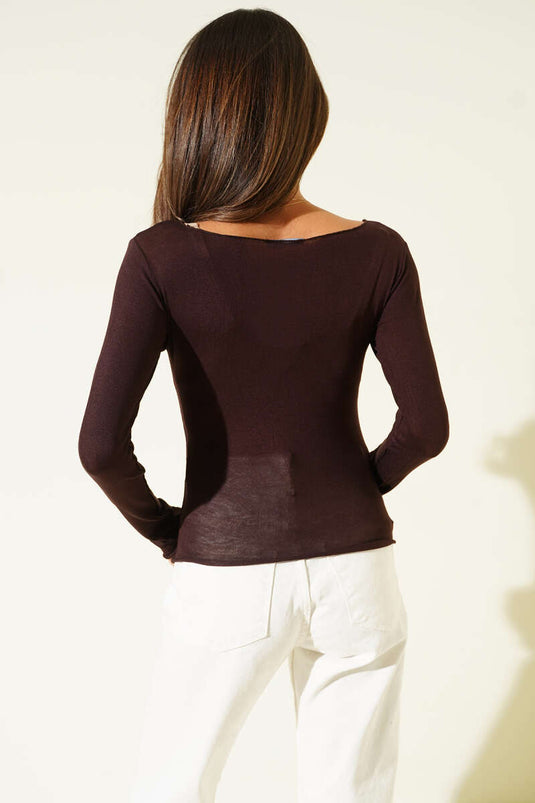 Wide Collar Long Sleeve Bodysuit Brown