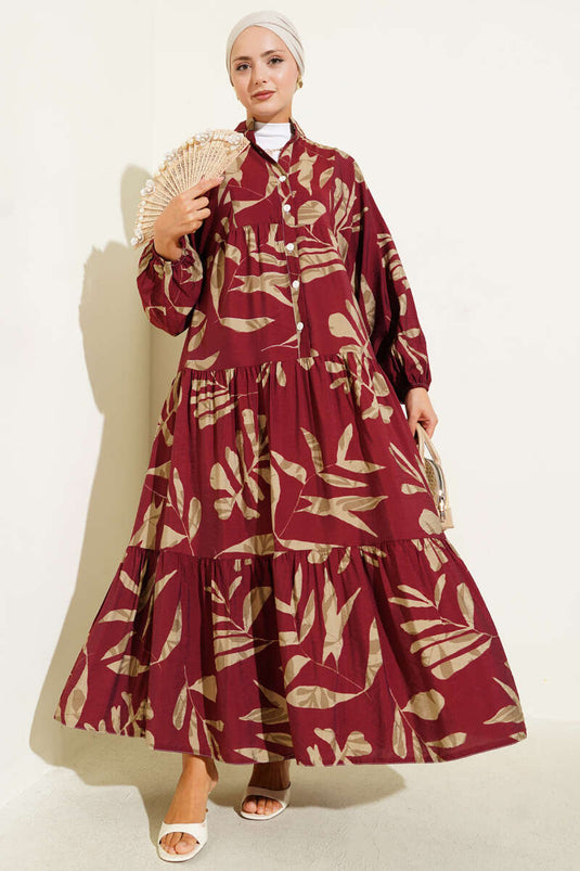Robe boutonnée à grandes feuilles, bordeaux