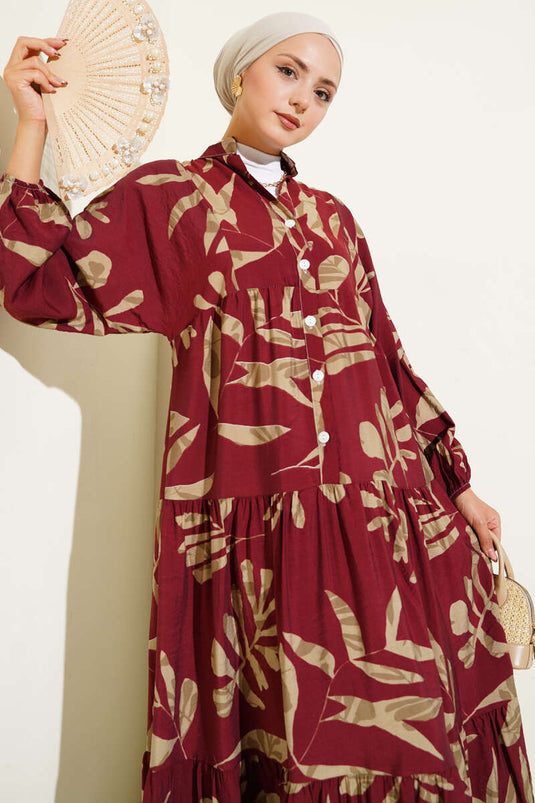 Robe boutonnée à grandes feuilles, bordeaux