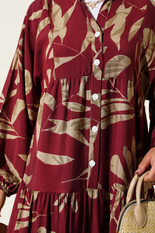 Robe boutonnée à grandes feuilles, bordeaux