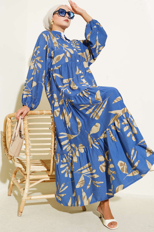 Robe boutonnée à grands motifs de feuilles en indigo