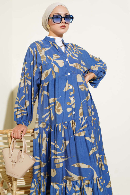 Robe boutonnée à grands motifs de feuilles en indigo