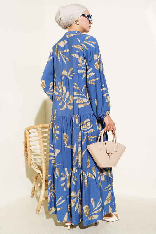 Robe boutonnée à grands motifs de feuilles en indigo