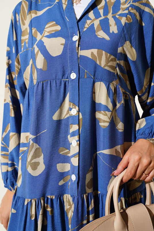 Robe boutonnée à grands motifs de feuilles en indigo