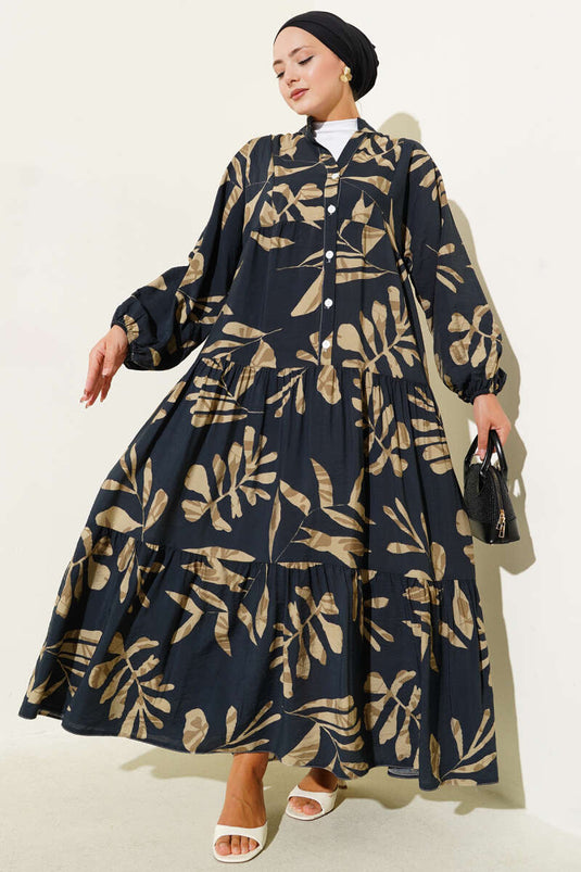 Large Leaf Patterned Half-Buttoned Dress in Black