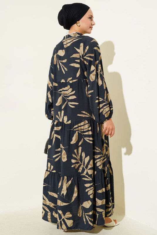 Large Leaf Patterned Half-Buttoned Dress in Black
