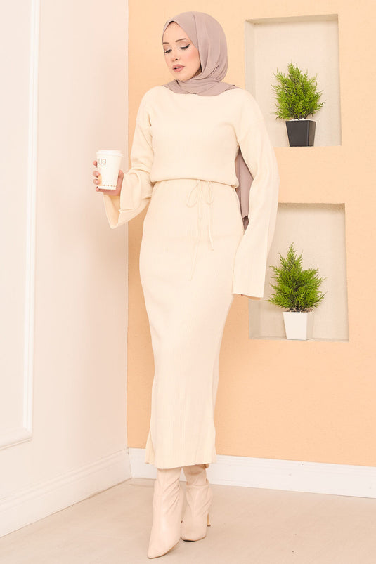 Robe en maille hijab côtelée à manches larges écru