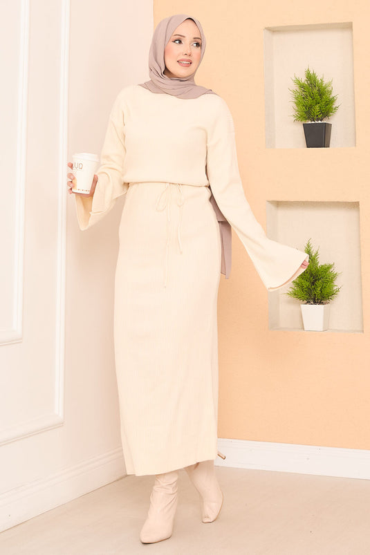 Robe en maille hijab côtelée à manches larges écru