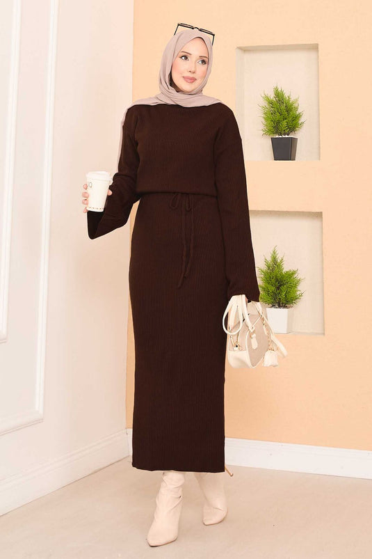Wide-Sleeve Ribbed Hijab Knit Dress Brown