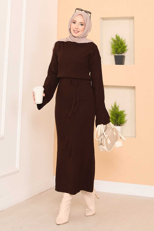 Wide-Sleeve Ribbed Hijab Knit Dress Brown
