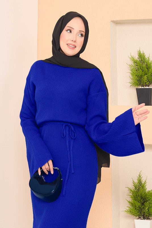 Robe hijab côtelée à manches larges en maille Saxe