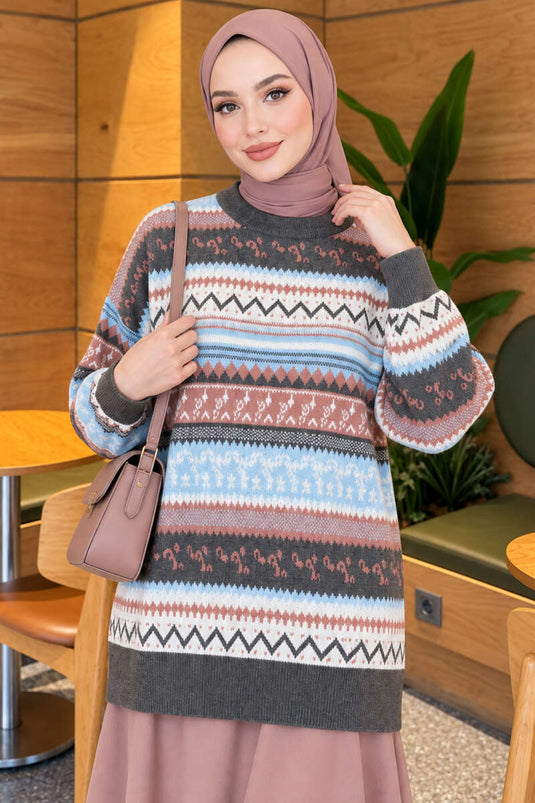 Patterned Knit Sweater Smoke Grey
