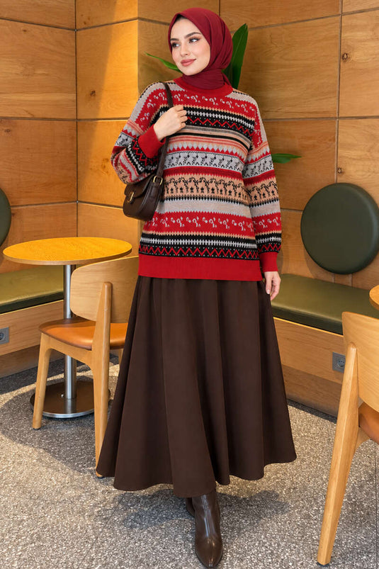 Red Geometric Knit Sweater