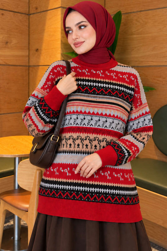 Red Geometric Knit Sweater
