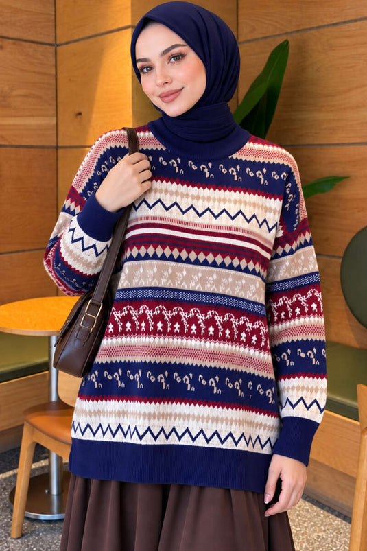 Geometric Pattern Knit Sweater Navy
