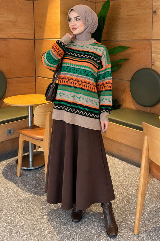 Geometric Pattern Knit Sweater Mink