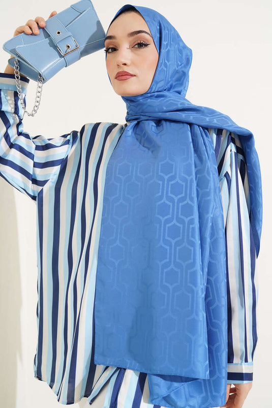 Jacquard sjaal met geometrisch motief, blauw